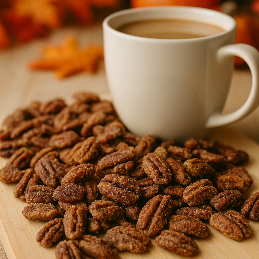 White mug of coffee with candied pecans on a wooden board, surrounded by autumn leaves and pumpkins