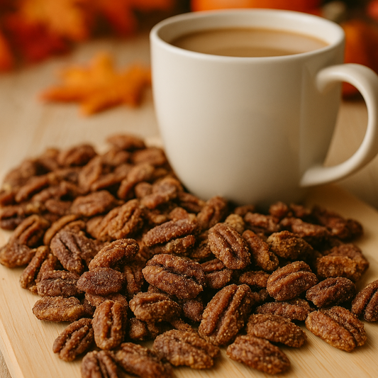 White mug of coffee with candied pecans on a wooden board, surrounded by autumn leaves and pumpkins