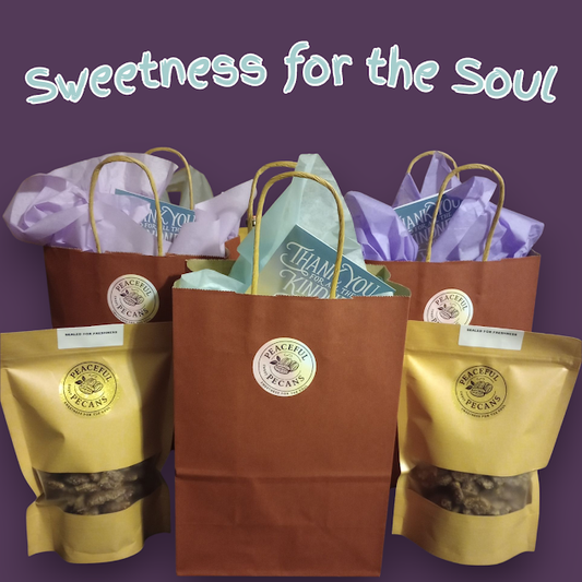Gift bags with 'Peaceful packages' pecans on a purple background